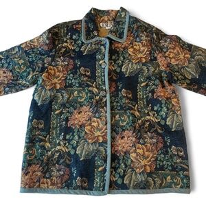 Vintage BFA Classics Blue Floral Tapestry Button Blazer Coat Jacket Size Large